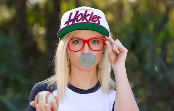 Girl, glasses, blonde, baseball cap, baseball