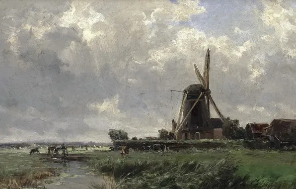 Picture landscape, nature, river, stream, picture, Carlos de Haes, Dutch Windmill