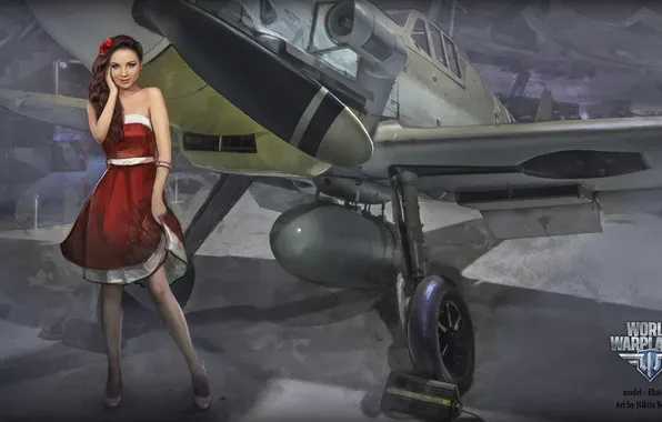 Picture girl, the plane, dress, girl, aviation, air, MMO, Wargaming.net