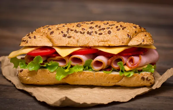 Food, cheese, sandwich, tomatoes, sandwich, roll, bun, ham