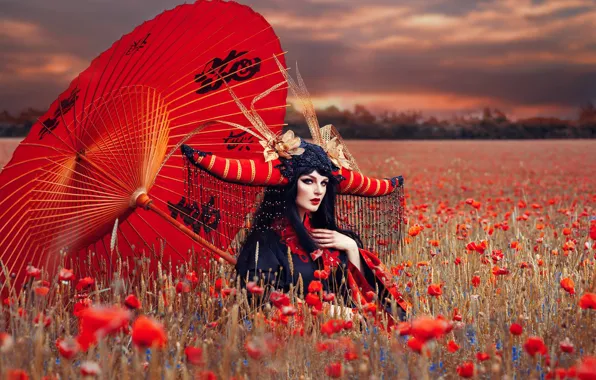 Field, girl, Maki, umbrella, outfit