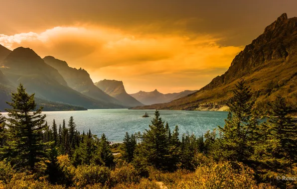 Picture forest, the sky, the sun, clouds, trees, sunset, mountains, lake