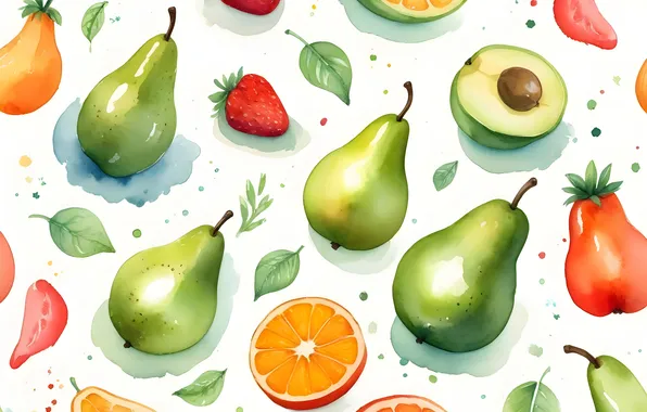 Leaves, berries, oranges, texture, strawberry, white background, fruit, pear