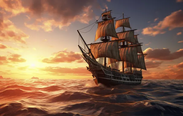 Sea, ship, sailboat, AI art, neural network