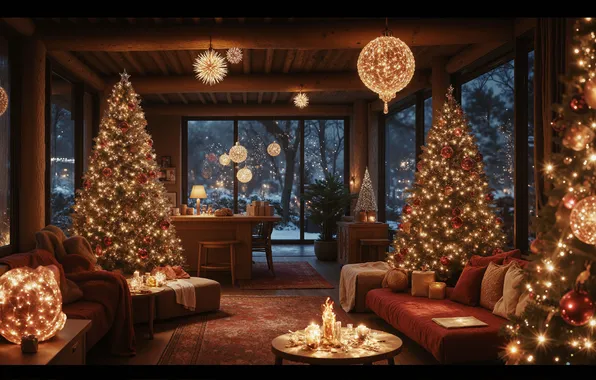 Room, sofa, Windows, interior, Christmas, New year, table, lamps