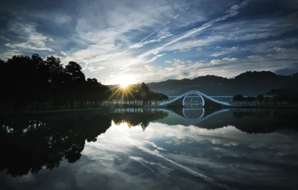 Picture FOREST, The SKY, CLOUDS, TREES, LAKE, The BRIDGE, SUNRISE, TAIPEI