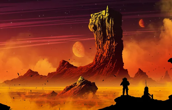 Mountain, People, Planet, Rock, Space, Planet, Silhouette, Art