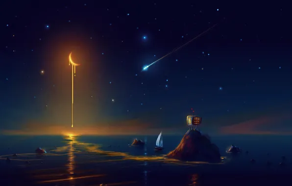 Sea, stars, night, the moon, ship, island, a month, horizon