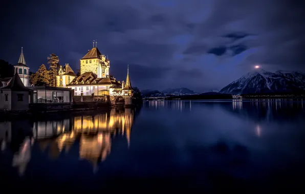 Clouds, landscape, mountains, night, nature, reflection, the moon, Switzerland
