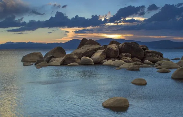 Picture sea, the sky, clouds, landscape, sunset, mountains, nature, stones