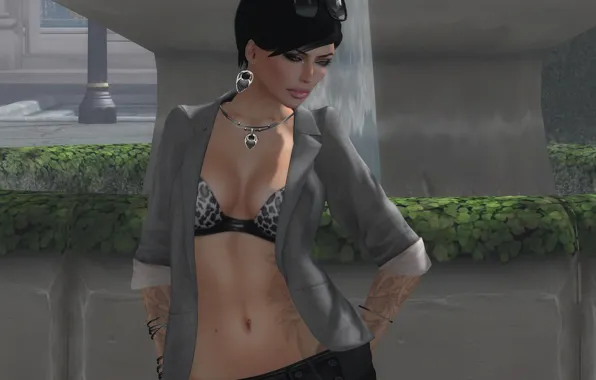 Girl, style, tattoo, glasses, fountain, jacket, render