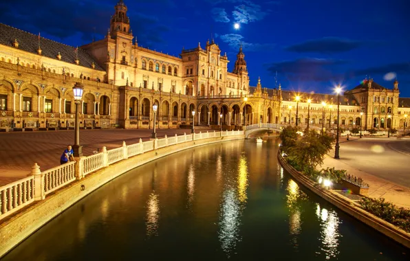 Night, lights, Spain, Palace, Seville, Espana