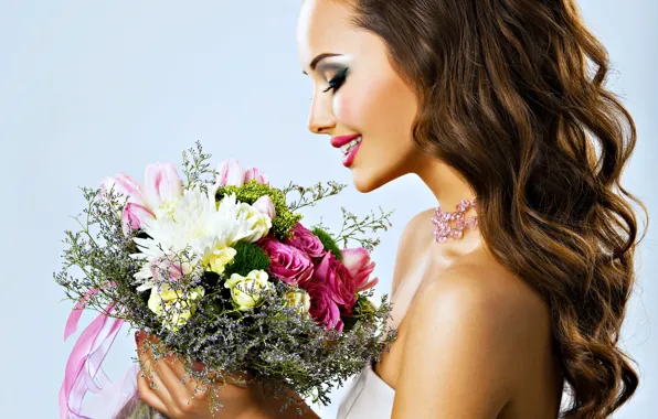 Picture flowers, face, smile, background, portrait, roses, bouquet, necklace