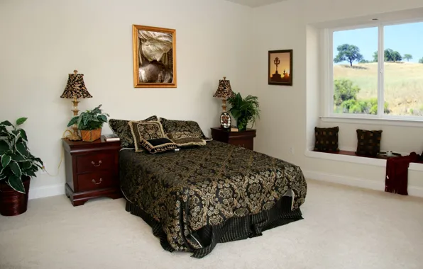 Flowers, lamp, bed, picture, pillow, window, table, bedroom