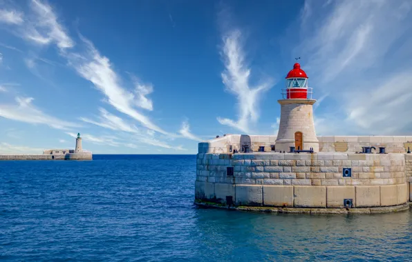 Sea, the sky, lighthouse, The Mediterranean sea, Malta, Malta, Valletta, Valletta