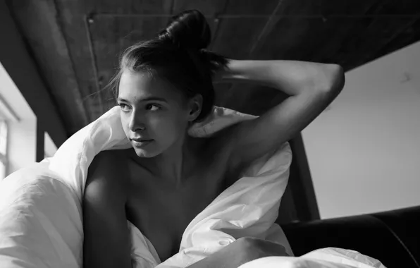 Girl, blanket, monochrome, Roman Filippov, Anastasia Tkacheva