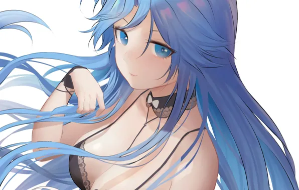 Girl, sexy, cleavage, blouse, long hair, boobs, anime, blue eyes