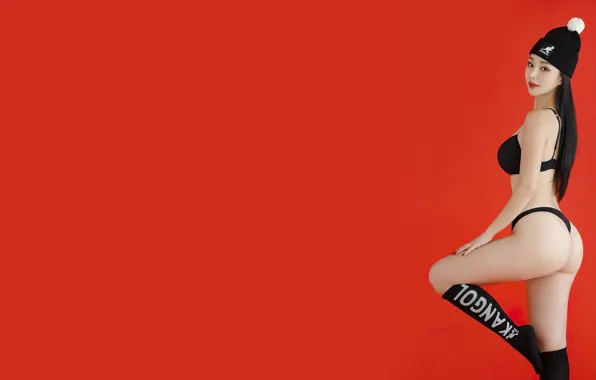Asian, studio, model, women, black lingerie, socks, simple background, red background