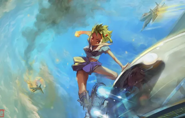 The sky, glass, girl, the plane, smoke, battle