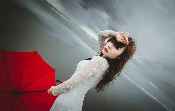 Picture the storm, wave, beach, eyes, girl, hair, dress, lips