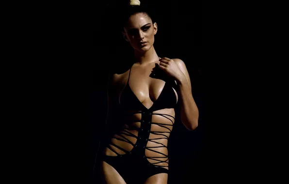 Swimsuit, model, tan, black background, Lauren Budd