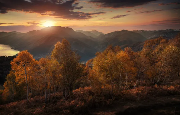 Autumn, trees, sunset, mountains, lake, Switzerland, Alps, Switzerland
