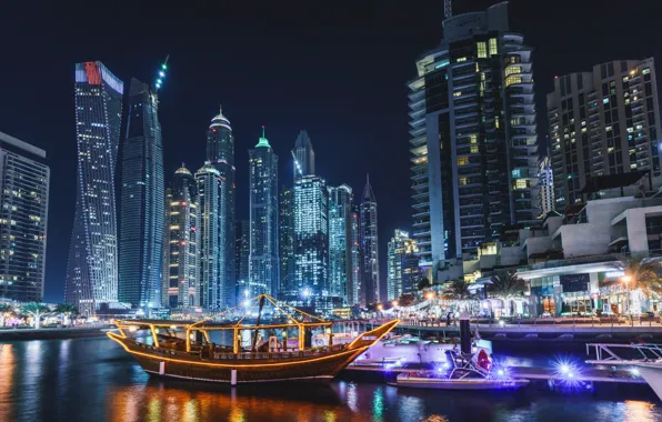 City, lights, Dubai, sea, ocean, night, evening, buildings