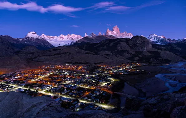 Mountains, night, lights, height, houses, twilight, settlement, Andes