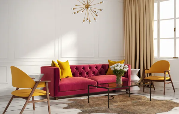 Sofa, interior, chairs, chandelier, vase, living room, modern
