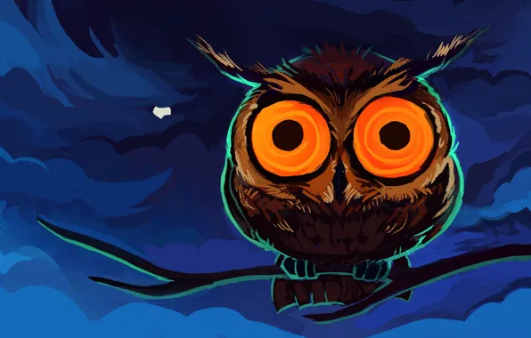 Picture eyes, clouds, orange, blue, owl, the moon, figure, branch