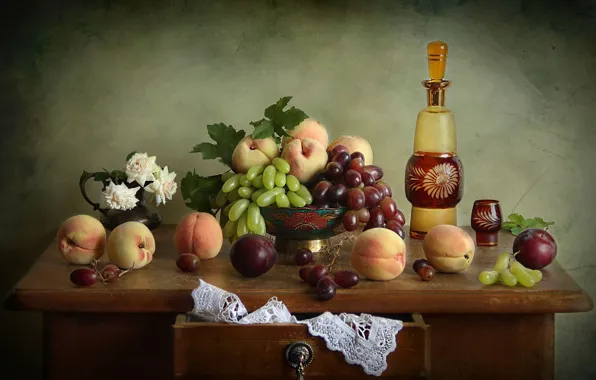 Flowers, bottle, roses, grapes, still life, peaches, plum