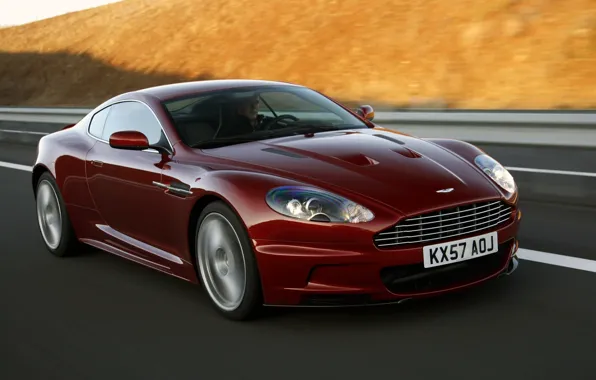 Picture road, speed, Aston Martin, supercar, aston martin, dbs, the front, Burgundy