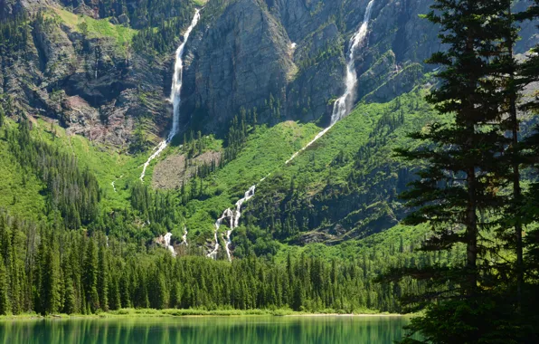 Mountains, lake, Montana, waterfalls, Glacier National Park, Glacier, Montana, Avalanche Lake