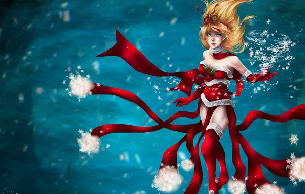 Snowflakes, background, art, costume, New year, Christmas, League of Legends, Janna