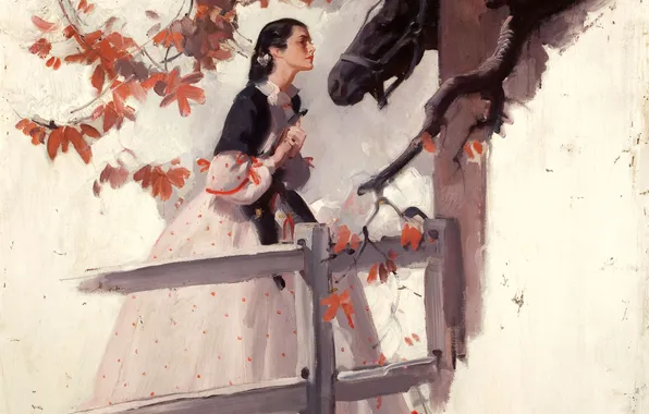 Girl, picture, dress, horse.