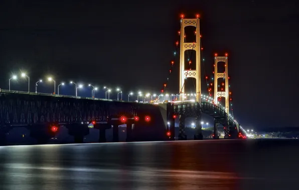 Night, lights, Makino, The Mackinac Bridge