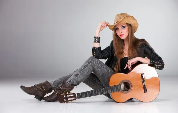 Girl, guitar, hat, beautiful, acoustic, cowboy