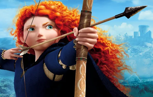 Picture girl, bow, arrow, red, brave, merida