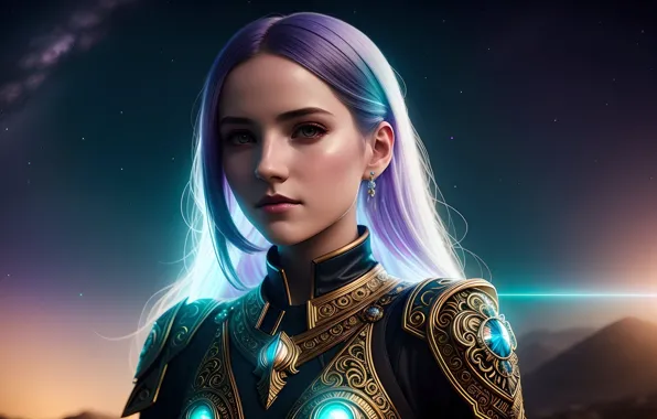 The sky, eyes, girl, stars, beautiful, cute, earrings, artificial intelligence