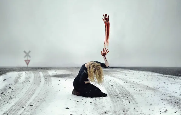 Field, girl, snow, sign, blood, hand