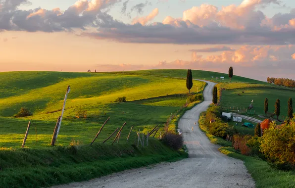 Road, clouds, trees, field, horizon, Tuscany, beautiful landscape, Toskana