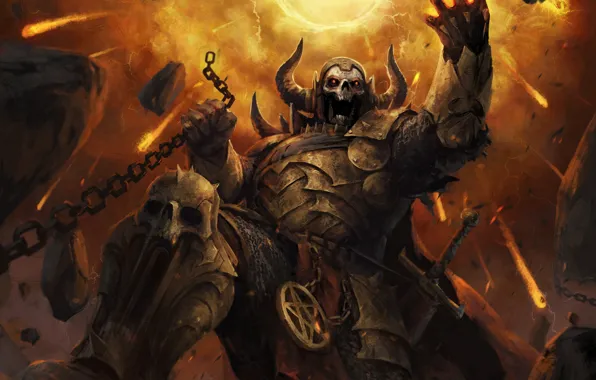 Skull, armor, the demon, fantasy, art, chain, horns, demon