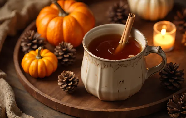 Autumn, table, candle, honey, mug, Cup, pumpkin, Halloween