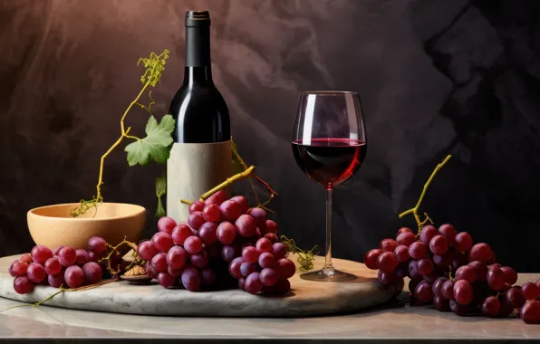 Leaves, the dark background, table, wine, glass, bottle, grapes, alcohol