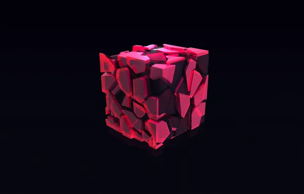 Red, abstraction, cube, black background, abstraction, digital art, digital art, Justin Maller