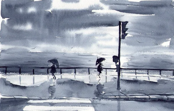 Sea, street, watercolor