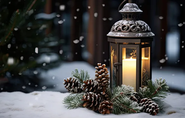 Winter, snow, night, Christmas, lantern, New year, Christmas, night