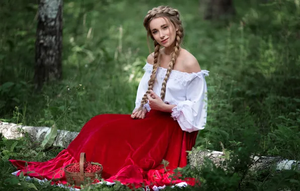 Girl, pose, dress, braid, sitting, Anna Shuvalova, Angelina Popova