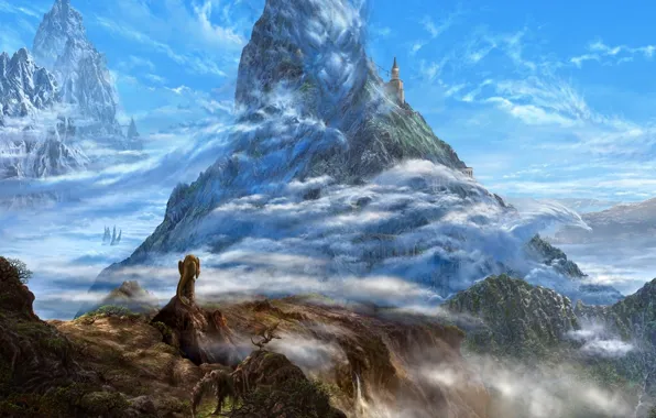 Clouds, mountains, castle, rocks, dragons, fantasy, art, ucchiey
