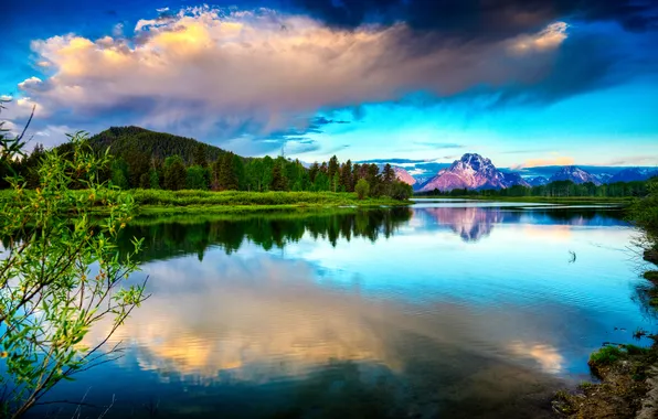 The sky, river, mountain